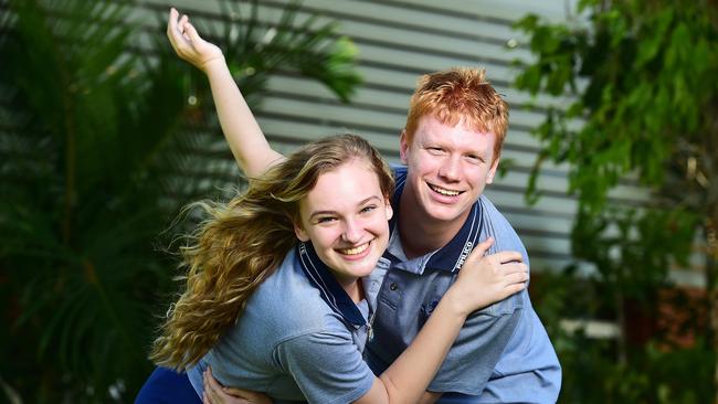 Pimlico State High School year 12 students Charlotte McDonnell, 17, and Alexander Browning, 17, are happy they can now dance at their graduation as COVID-19 regulations ease. Picture: Shae Beplate.