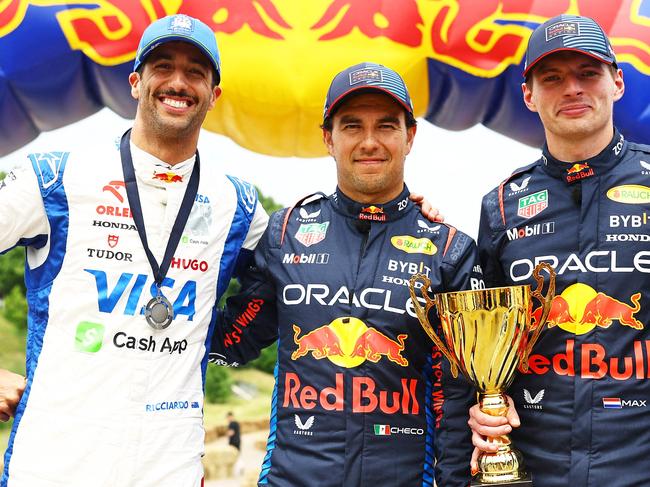 MONTREAL, QUEBEC - JUNE 05: Max Verstappen of the Netherlands and Oracle Red Bull Racing, Sergio Perez of Mexico and Oracle Red Bull Racing, Yuki Tsunoda of Japan and Visa Cash App RB and Daniel Ricciardo of Australia and Visa Cash App RB pose for a photo at the Red Bull Unserious Race during previews ahead of the F1 Grand Prix of Canada on June 05, 2024 in Montreal, Quebec.   Mark Thompson/Getty Images/AFP (Photo by Mark Thompson / GETTY IMAGES NORTH AMERICA / Getty Images via AFP)