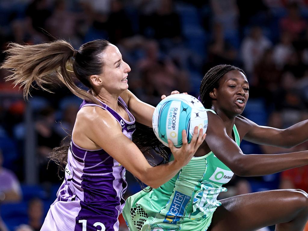 SYDNEY, AUSTRALIA – MARCH 23: Ali Miller of the Firebirds competes for the ball against f21 during the 2024 Suncorp Team Girls Cup match between Queensland Firebirds and West Coast Fever at Ken Rosewall Arena on March 23, 2024 in Sydney, Australia. (Photo by Jenny Evans/Getty Images for Netball Australia)