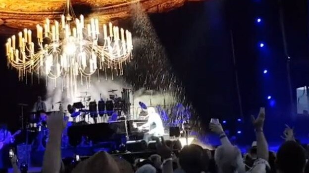 Elton John plays during torrential rain at a concert in the Yarra Valley on January 31, 2020. Picture: Instagram/@himuratz