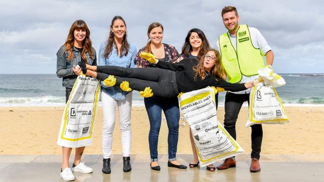 Coogee Bay Hotel staff Natasha Brennan, Melanie Elwood, Lindsey Potts, Mona Gerges, Matt Barlow &amp; Alex Lawrence at Coogee Beach. Picture: Monique Harmer