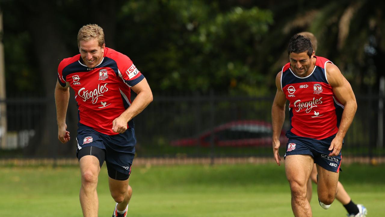 Roosters for life.. Mitchell Aubusson (L) and Anthony Minichiello in their playing days.