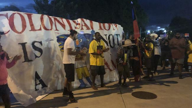 ‘STOLENWEALTH’ Games indigenous protesters at Carrara Stadium for the Commonwealth Games Opening Ceremony. Picture: Britt Ramsey