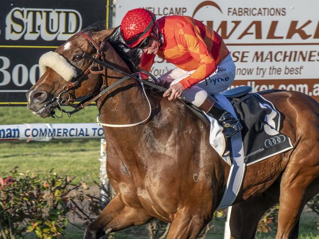 Apache Chase ridden by Jim Byrne wins the 2021 Weetwood Handicap. Weetwood day at Clifford Park race course. Saturday, September 25, 2021. Picture: Nev Madsen.