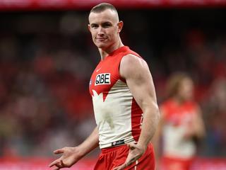 SYDNEY, AUSTRALIA - JUNE 22: Chad Warner of the Swans celebrates kicking a goal during the round 15 AFL match between Greater Western Sydney Giants and Sydney Swans at ENGIE Stadium, on June 22, 2024, in Sydney, Australia. (Photo by Cameron Spencer/Getty Images)