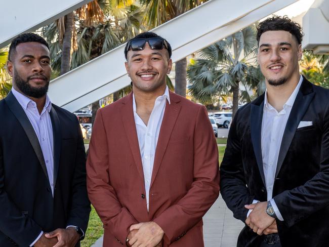 Semi Valemei, Kulikefu Finefeuiaki and Jamayne Taunoa-Brown. Cowboys 2024 Awards Presentation Night. . Photo: Michael Chambers.