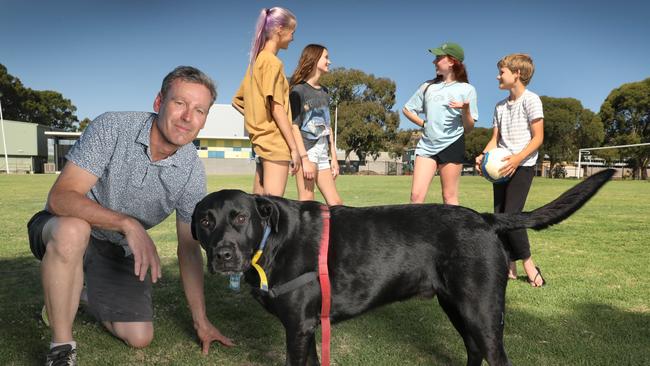 Against the hockey club development is Nick Harry, with kids Lotti, 14, and Angus, 11, and friends Addison Feeney, and Darcy Cattonar. Picture Dean Martin