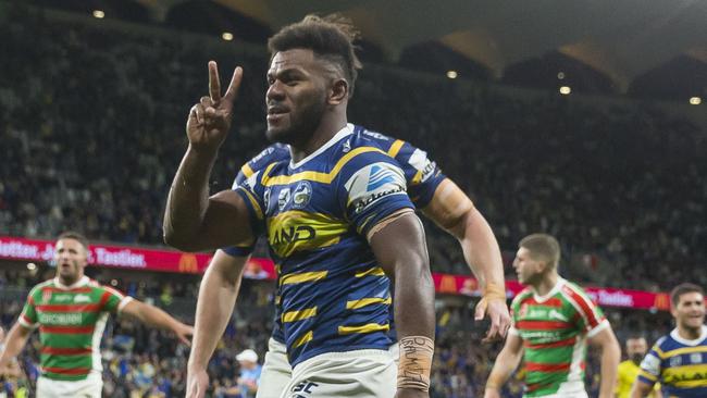 Maika Sivo of the Eels scores during the Round 12 NRL match between the Parramatta Eels and the South Sydney Rabbitohs at Bankwest Stadium in Sydney, Friday, May 31, 2019. (AAP Image/Craig Golding) NO ARCHIVING, EDITORIAL USE ONLY