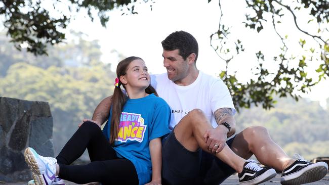 Former NRL star Michael Ennis is pictured with his daughter Kobyfox, 11, who is starring on kids dance show Ready Set Dance. Picture: David Swift