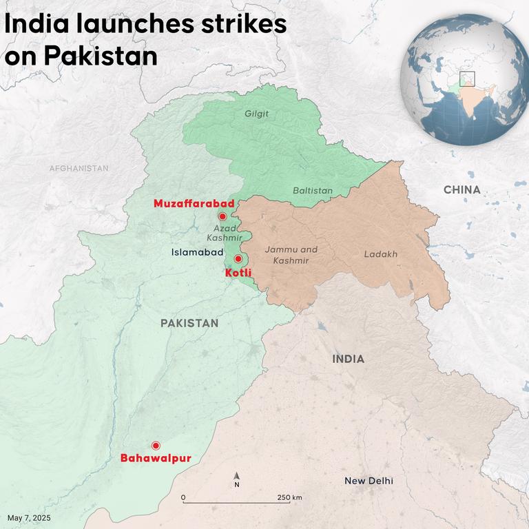 The location of India’s strikes on Pakistan. Picture: Muhammed Ali Yigit/Anadolu via Getty Images
