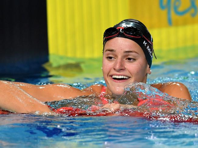 Kaylee McKeown is seen celebrating after winning the final of the womens 200 metre Backstroke during day three of the 2018 Australian Swimming Trials at the Gold Coast Aquatic Centre at Southport on the Gold Coast, Friday, March 2, 2018. (AAP Image/Darren England) NO ARCHIVING, EDITORIAL USE ONLY