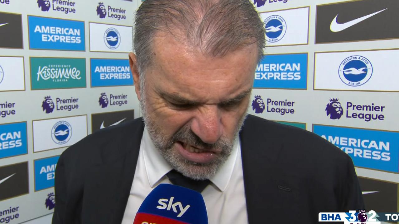 Tottenham manager Ange Postecoglou shows his disgust in his post-match interview after Spurs 3-2 loss to Brighton.