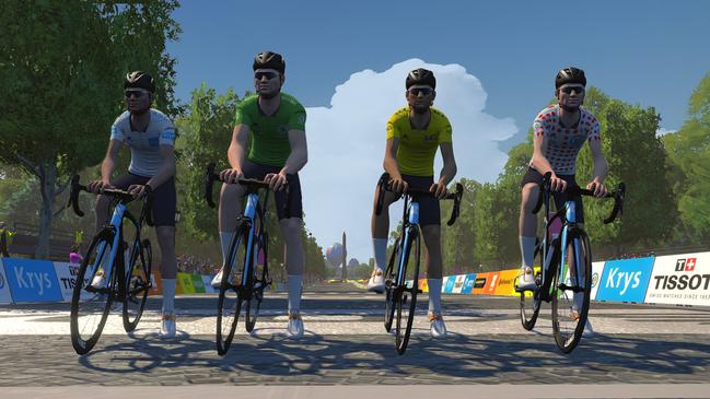 A mock-up of a scene from a new virtualised version of the Tour de France that begins this weekend. Official Tour de France riders including several from Australia will take part. Picture: Zwift.