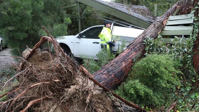 Residents in Thomas Crescent in Mt Evelyn begin to clean up. Ryan Warren inspects damage to his ute. Picture: NCA NewsWire / David Crosling