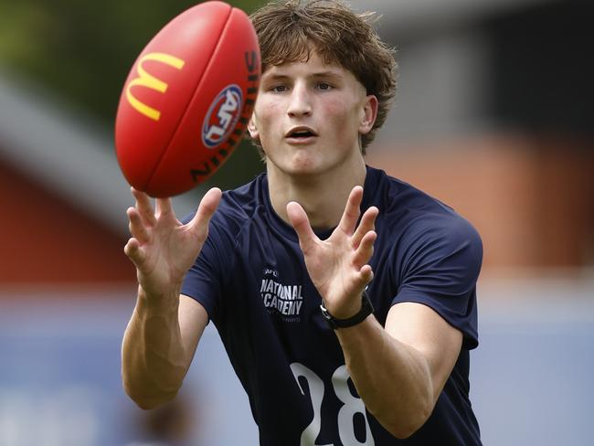 MELBOURNE, AUSTRALIA - DECEMBER 08: Jobe Shanahan in action during a 2024 AFL National Academy Boys Training Session at Whitten Oval on December 08, 2023 in Melbourne, Australia. (Photo by Darrian Traynor/AFL Photos/via Getty Images)