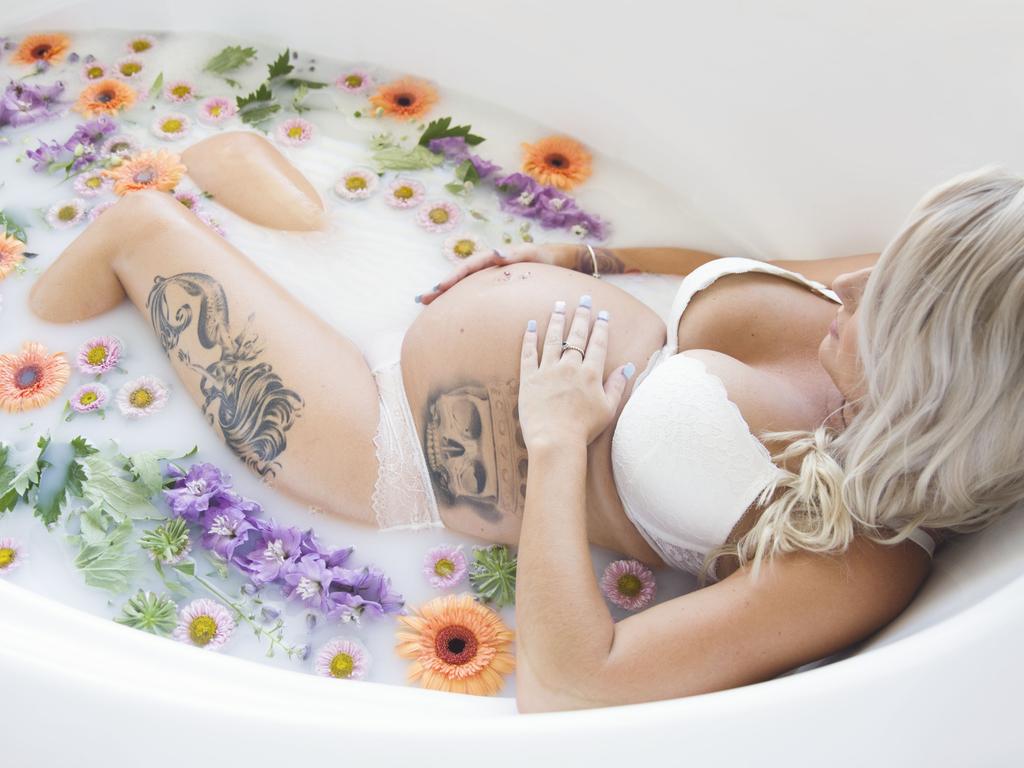 Talia Giffen in a floral milk bath. Picture: Shannon Smith