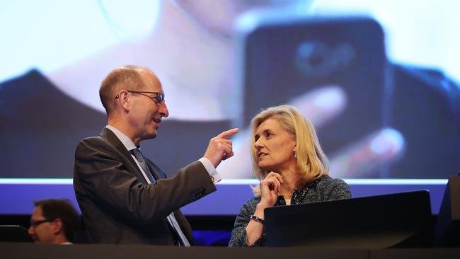 Former chief Craig Meller and chair Catherine Brenner at the AMP annual meeting at Sydney Town Hall last year. Picture: John Feder