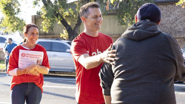 Blaxland Labor MP Jason Clare greets voters at Condell Park Public School on election day. Picture: Matthew Vasilescu