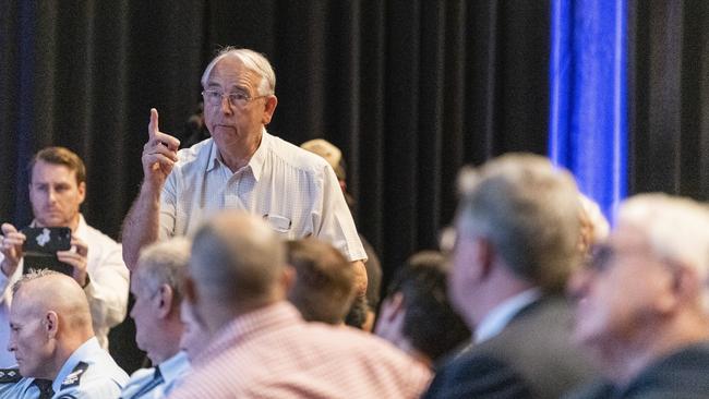 Property developer and philanthropist Clive Armitage talks of his own experience of crime at the Toowoomba Community Safety Forum at Empire Theatre. Picture: Kevin Farmer