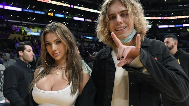 The Kid Laroi and his girlfriend Katarina Deme attend a basketball game in LA this month. Picture: Kevork Djansezian/Getty