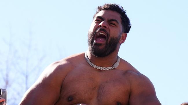 PHILADELPHIA, PENNSYLVANIA - FEBRUARY 14: Jordan Mailata #68 of the Philadelphia Eagles celebrates during the Philadelphia Eagles Super Bowl Championship Parade on February 14, 2025 in Philadelphia, Pennsylvania. (Photo by Mitchell Leff/Getty Images)