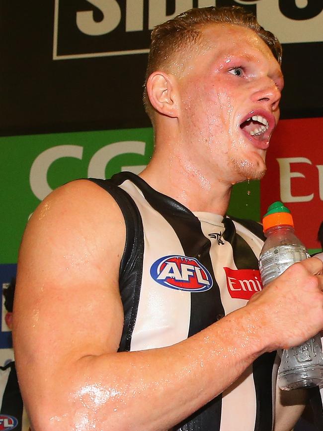 Treloar celebrates his first victory over Richmond. Picture: Getty