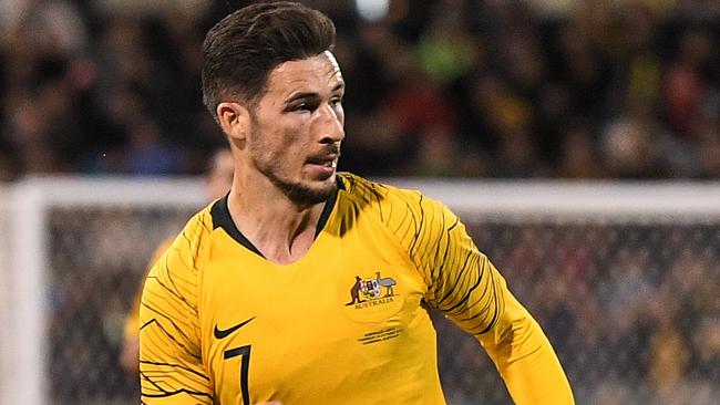 Mathew Leckie of Australia in action during the FIFA World Cup Asian Qualifiers match between the Australian Socceroos and Nepal at GIO Stadium in Canberra, Thursday, October 10, 2019. (AAP Image/James Gourley) NO ARCHIVING, EDITORIAL USE ONLY.