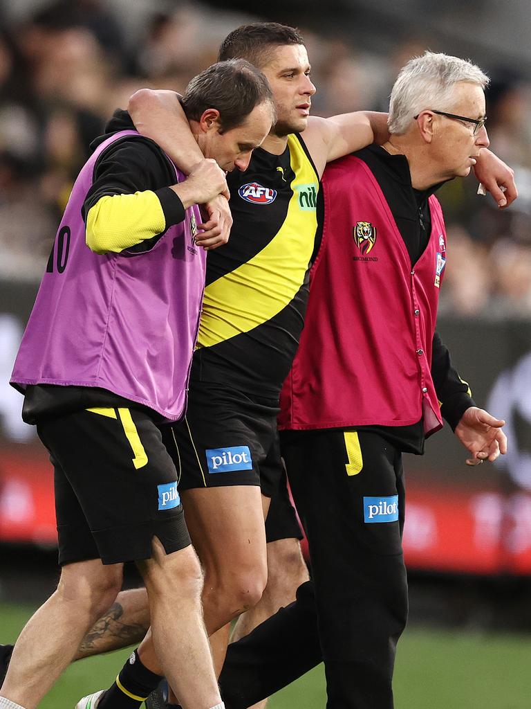 Dion Prestia was forced from the field. Picture: Michael Klein