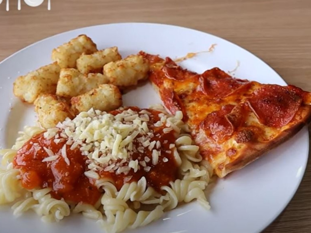 Items included potato gems, pizza and pasta. Picture: YouTube/Bec Hardgrave