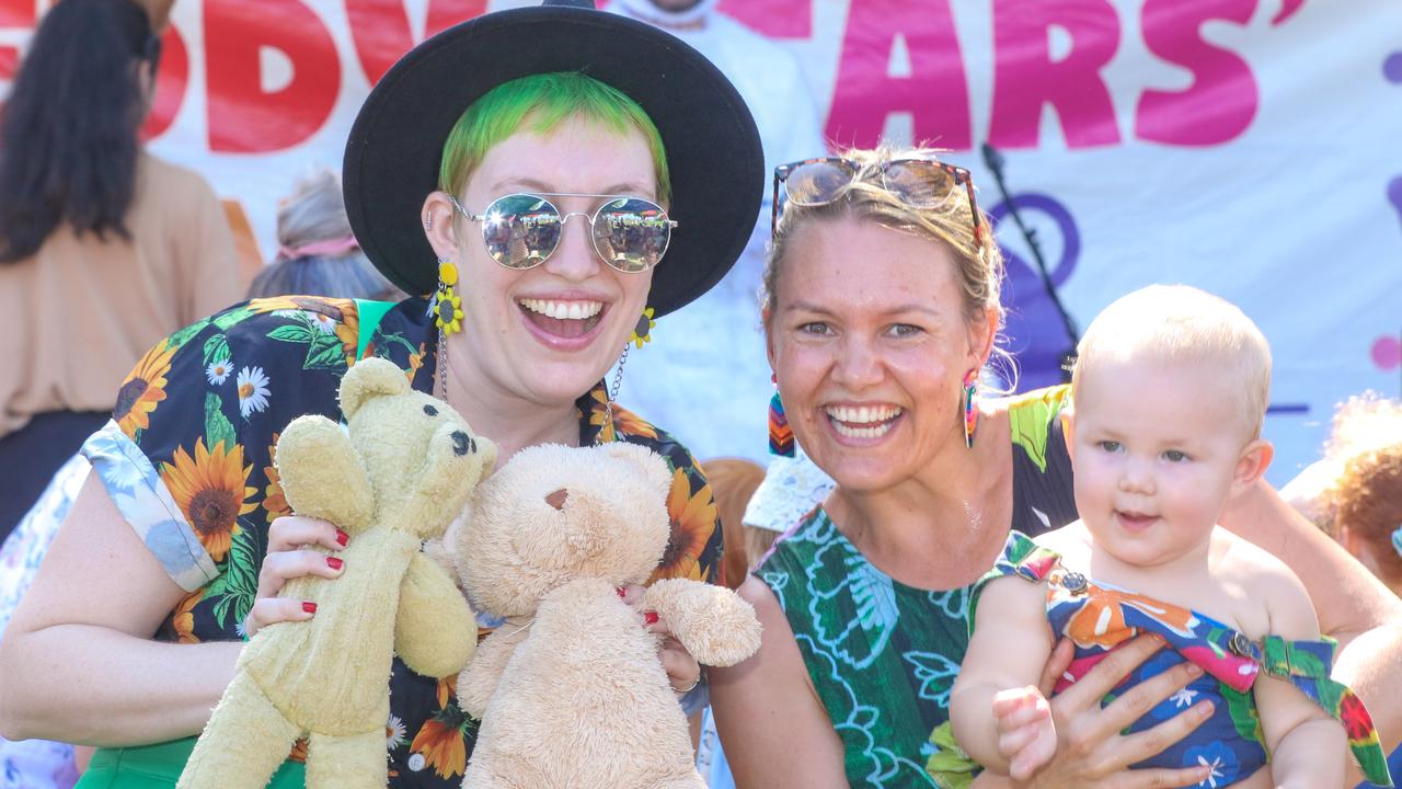 Danielle Andrews, Amy Hetherington and baby Ruby at the Darwin Festival’s Teddy Bear’s Picnic on the Esplanade. Picture: Glenn Campbell