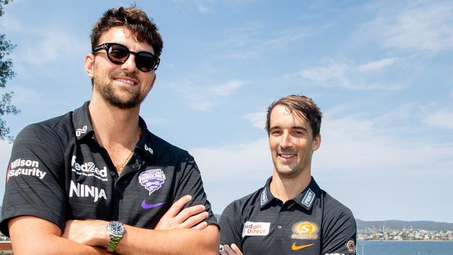 Hobart Hurricanes Tim David and Perth Scorchers Nick Hobson ahead of the game at Ninja Stadium.Picture: Linda Higginson.