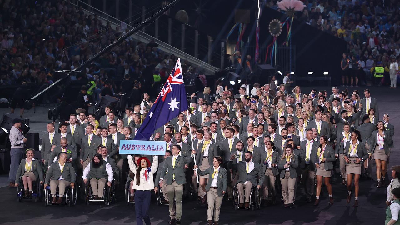 The Australians enter the arena. Picture: Michael Klein