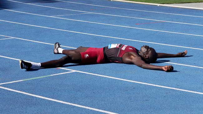 Gout Gout reacts after winning the under-18 100 metre final. Picture: David Clark