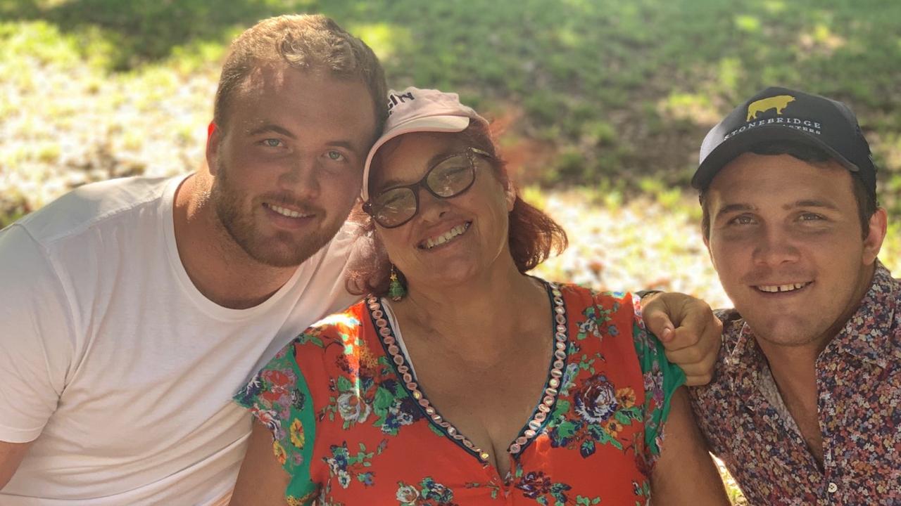 Melbourne Rebels prop Matt Gibbon (left), his mother Chrissy Pollock and brother Alex