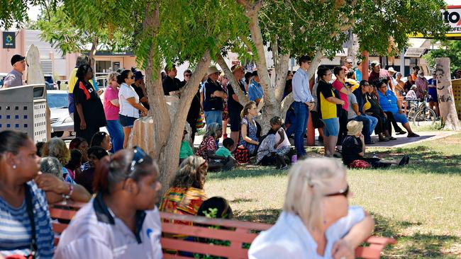 Members of the Tennant Creek community rally at Peko Park on Wednesday (above and below) as they wait for Acting Chief Minister Nicole Manison and Police Commissioner Reece Kershaw to speak to them. Pictures: Michael Franchi