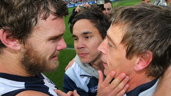 Cam Mooney and Mark Thompson after the 2009 AFL grand final. Picture: Alex Coppel.