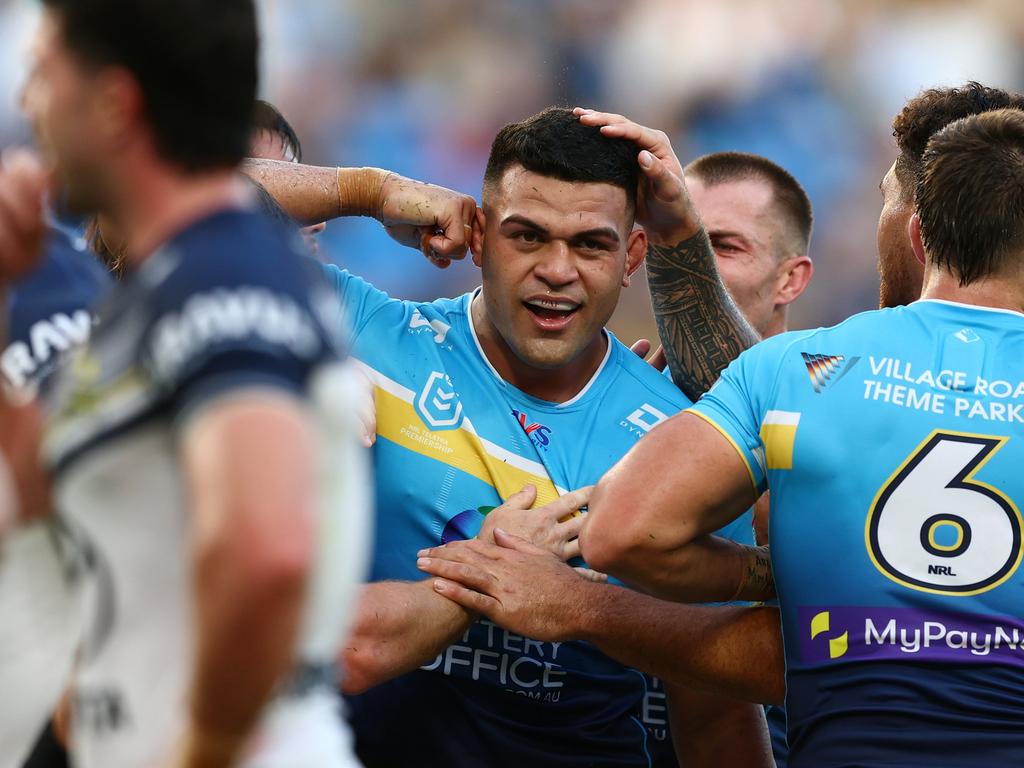 David Fifita celebrates after scoring a try for the Titans in round 10. Picture: Getty Images