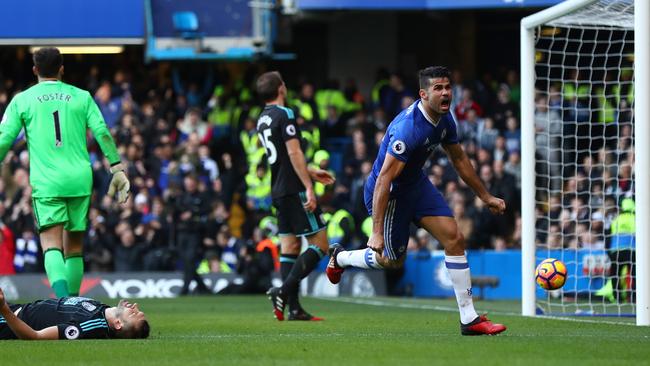 Diego Costa of Chelsea celebrates scoring.