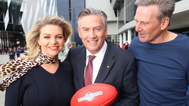 The new-look Footy Show’s hosts Rebecca Maddern, Eddie McGuire and Sam Newman. Picture: Alex Coppel.