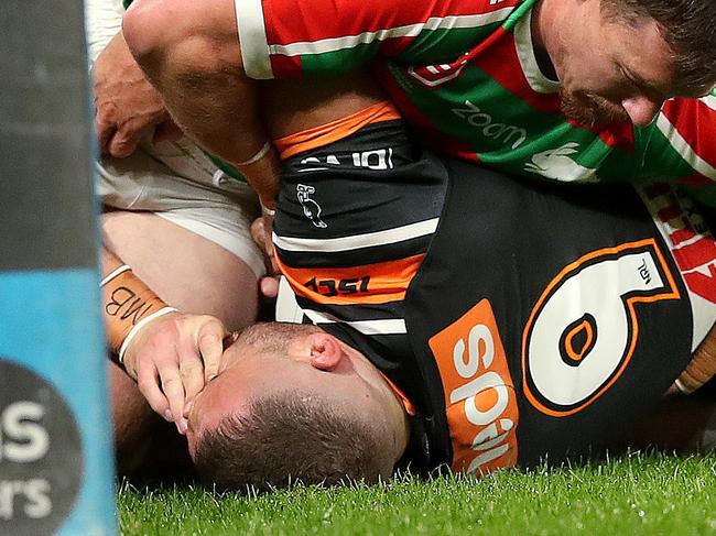 Rabbitoh George Burgess eye-gouges Robbie Farah, leading to his nine-week ban. Picture: Phil Hillyard