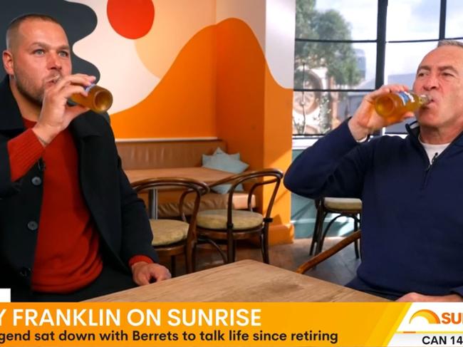 Buddy Franklin and Mark Beretta talk beer in an interview aired on Sunrise. Picture: Sunrise