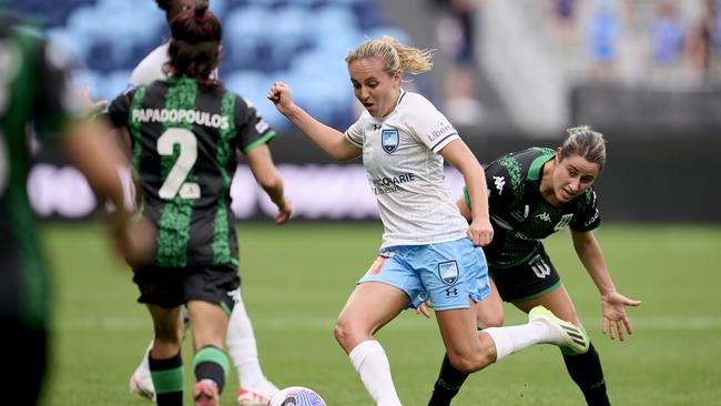 SYDNEY, AUSTRALIA - JANUARY 14: Mackenzie Hawkesby of Sydney FC controls the ball during the A-League Women round 12 match between Western United and Sydney FC at Allianz Stadium, on January 14, 2024, in Sydney, Australia. (Photo by Brett Hemmings/Getty Images)