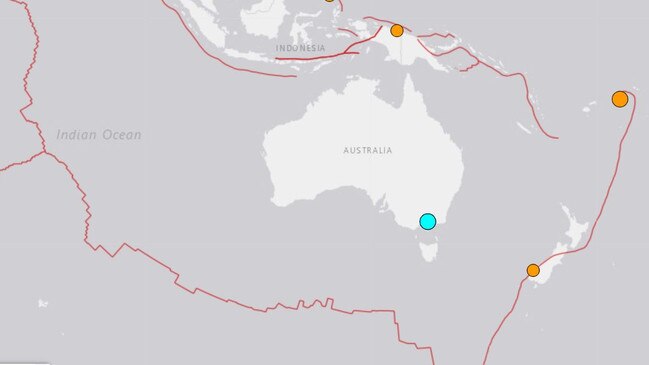 Red lines show boundaries of tectonic plates that surround Australia, with the blue dot showing the location of Wednesday’s quake. Source: USGS