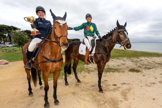 Lara Truong on Cielo and Julie Bramucci on Rosco with The Cup on Portarlington Beach. Picture: Jay Town