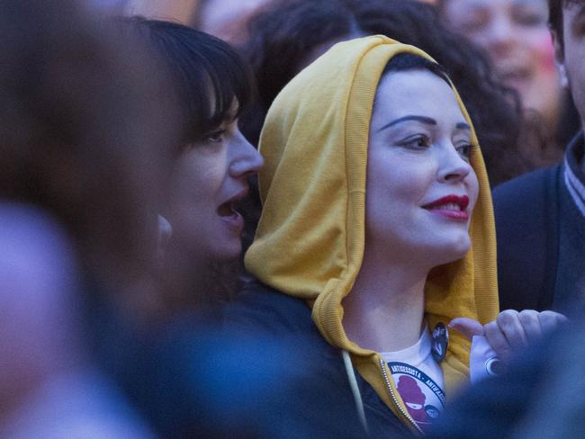 Asia Argento and Rose McGowan during the Me Too march. Picture: MEGA TheMegaAgency.com