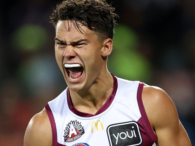 CANBERRA, AUSTRALIA - APRIL 25: Cam Rayner of the Lions celebrates a goal during the round seven AFL match between Greater Western Sydney Giants and Brisbane Lions at Manuka Oval on April 25, 2024 in Canberra, Australia. (Photo by Jason McCawley/AFL Photos/via Getty Images )