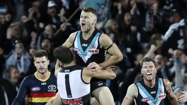 Four-times Showdown Medallist Robbie Gray, who will be missing this week, celebrates a crucial goal in Showdown 44 last year. Picture: SARAH REED.