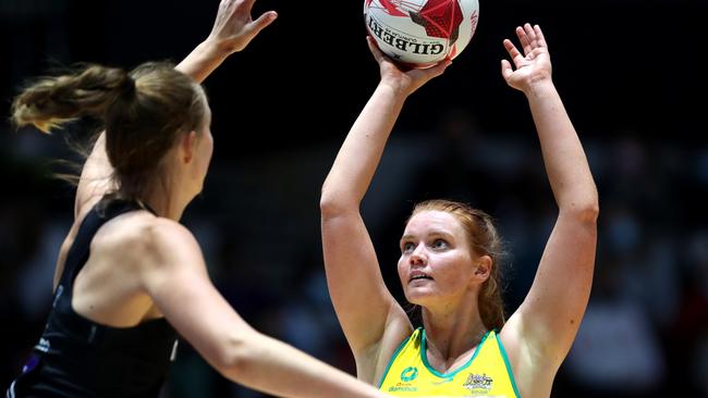 Stephanie Wood of Australia takes a shot during the 2022 Netball Quad Series match between Australia and New Zealand at Copper Box Arena. Photo: Getty Images