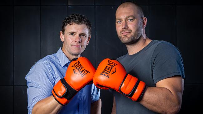 Former AFL players Cameron Mooney and Tom Bellchambers will fight over three rounds on the undercard of Wednesday night’s Parker-Django bout. Picture: Jake Nowakowski