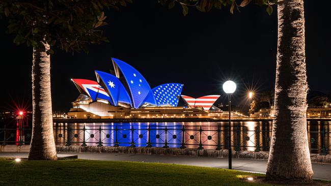US and Australian flags projected onto the Sydney Opera House to commemorate the 70th anniversary of the ANZUS Treaty.